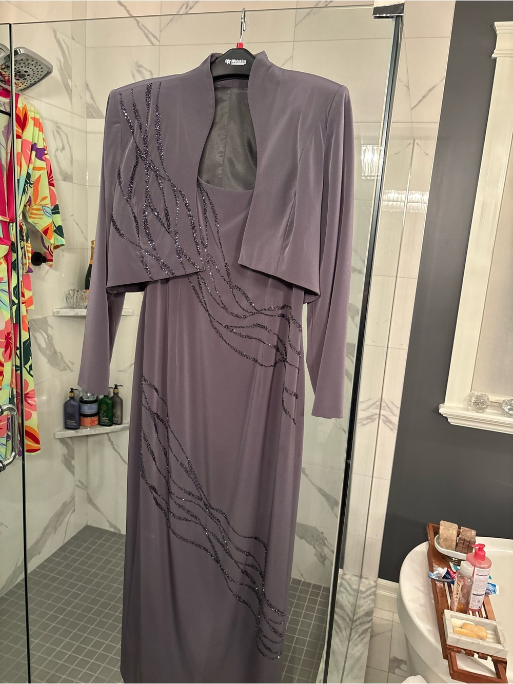 Elegant Beaded Evening Dress and Jacket Set - Slate Purple grey size small